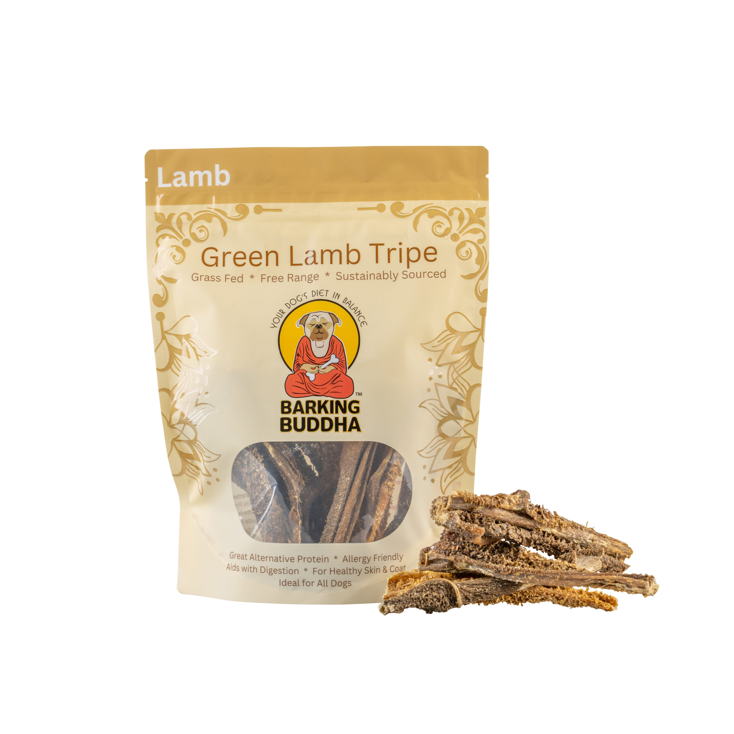 Green lamb tripe in bag with product open on the side